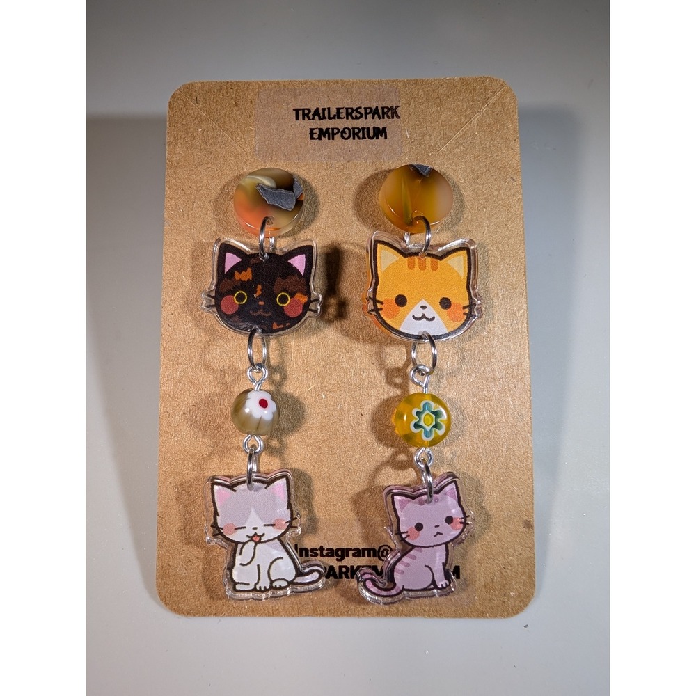 Trailerspark Emporium Mismatched Acrylic Cat Drop Earrings Nickel Free Kawaii